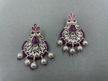 Gold Plated Stylish Purple Pearls Kundan Studded Jhumki Earrings 2