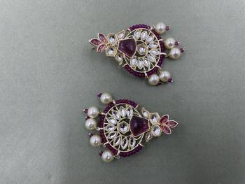 Gold Plated Stylish Purple Pearls Kundan Studded Jhumki Earrings 3