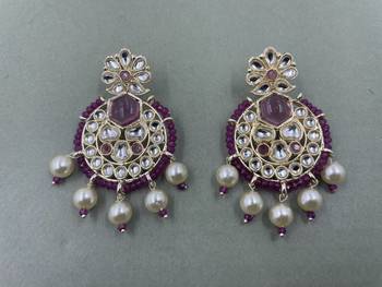 Gold Plated Stylish Purple Pearls Kundan Studded Jhumki Earrings 1