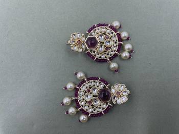 Gold Plated Stylish Purple Pearls Kundan Studded Jhumki Earrings 2