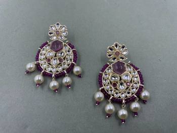 Gold Plated Stylish Purple Pearls Kundan Studded Jhumki Earrings 3