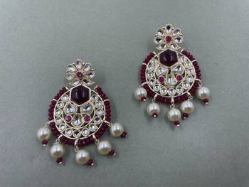Gold Plated Stylish Maroon Pearls Kundan Studded Jhumki Earrings 1