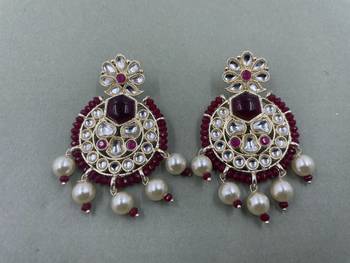 Gold Plated Stylish Maroon Pearls Kundan Studded Jhumki Earrings 2