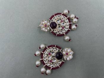 Gold Plated Stylish Maroon Pearls Kundan Studded Jhumki Earrings 3