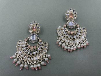 Gold Plated Stunning Floral Peach Pearls Kundan Studded Jhumki Earrings 1