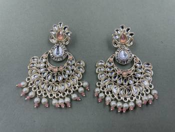 Gold Plated Stunning Floral Peach Pearls Kundan Studded Jhumki Earrings 2