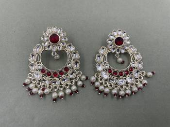 Gold Plated Stunning Floral Maroon Pearls Kundan Studded Jhumki Earrings 1