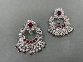 Gold Plated Stunning Floral Maroon Pearls Kundan Studded Jhumki Earrings 2