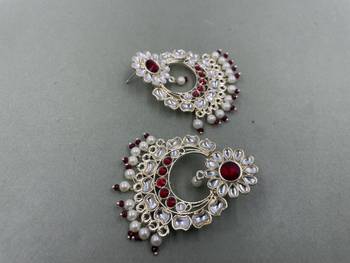 Gold Plated Stunning Floral Maroon Pearls Kundan Studded Jhumki Earrings 3