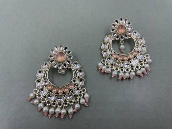 Gold Plated Stunning Floral Peach Pearls Kundan Studded Jhumki Earrings 2