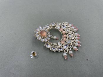 Gold Plated Stunning Floral Peach Pearls Kundan Studded Jhumki Earrings 4