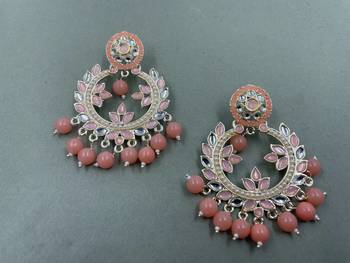 Gold Plated Stunning Floral Peach Pearls Kundan Studded Jhumki Earrings 2