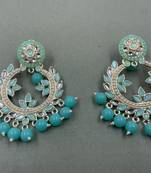 Gold Plated Stunning Floral Rama Green Pearls Kundan Studded Jhumki Earrings