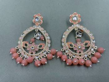 Gold Plated Stunning Floral Peach Pearls Kundan Studded Jhumki Earrings 1