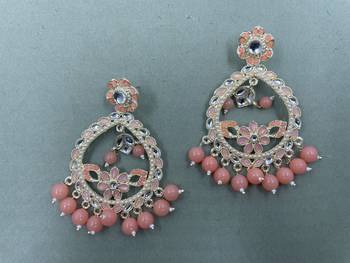 Gold Plated Stunning Floral Peach Pearls Kundan Studded Jhumki Earrings 2