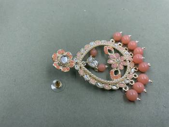 Gold Plated Stunning Floral Peach Pearls Kundan Studded Jhumki Earrings 4