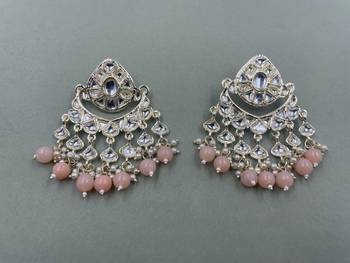 Gold Plated Stylish Peach Pearls Kundan Studded Jhumki Earrings 1