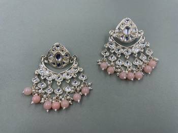 Gold Plated Stylish Peach Pearls Kundan Studded Jhumki Earrings 2