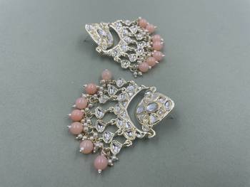 Gold Plated Stylish Peach Pearls Kundan Studded Jhumki Earrings 3
