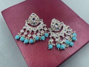 Gold Plated Sky Blue Pearls Kundan Studded Jhumki Earrings 1