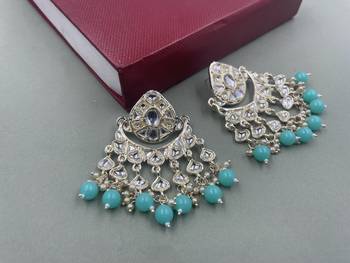 Gold Plated Sky Blue Pearls Kundan Studded Jhumki Earrings 2