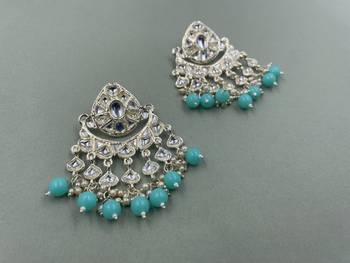 Gold Plated Sky Blue Pearls Kundan Studded Jhumki Earrings 3