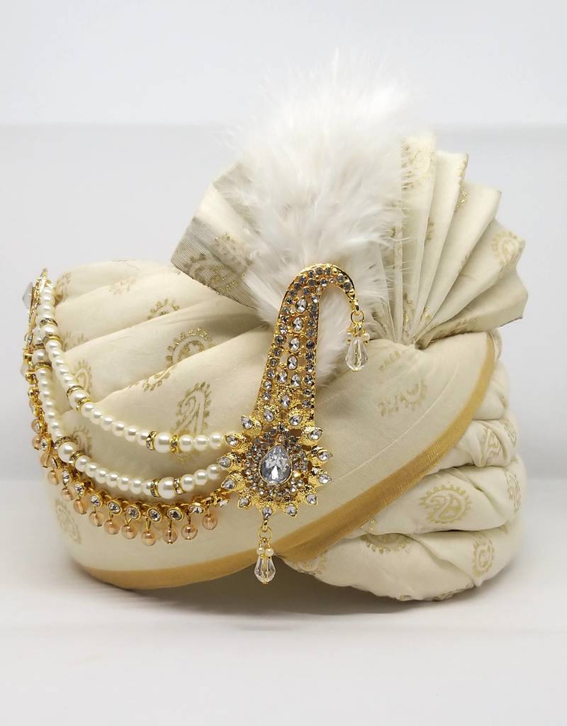 OFFWHITE GOLD PRINT WEDDING SAFA TURBAN