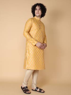 Tabard Yellow embroidered silk blend kurta 3