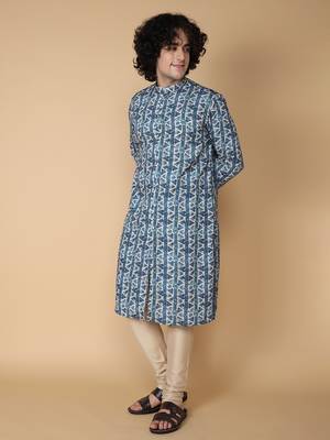 Tabard Blue printed cotton kurta 4
