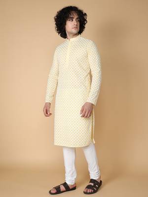 Tabard Yellow plain cotton kurta 4