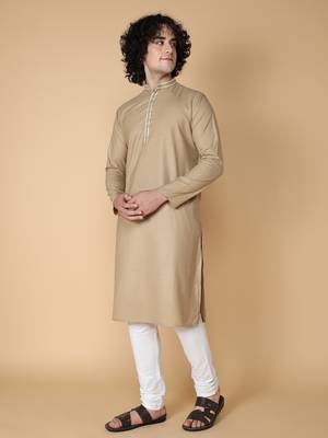Tabard Beige plain cotton kurta 4