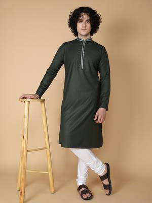 Tabard Green plain cotton kurta 1