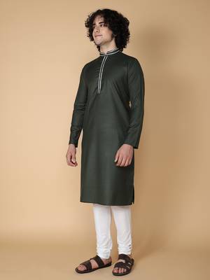 Tabard Green plain cotton kurta 3