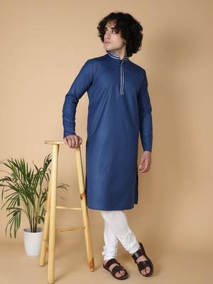 Tabard Blue plain cotton kurta 1