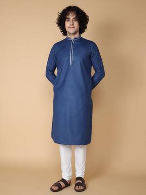 Tabard Blue plain cotton kurta 2