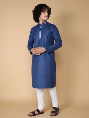 Tabard Blue plain cotton kurta 3