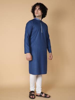 Tabard Blue plain cotton kurta 4