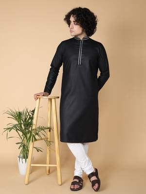 Tabard Black plain cotton kurta 1