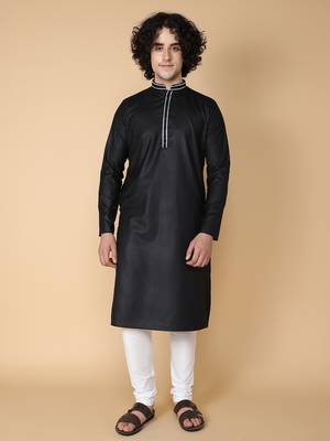 Tabard Black plain cotton kurta 2