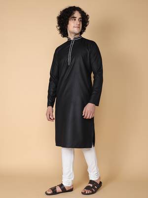Tabard Black plain cotton kurta 3