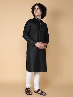 Tabard Black plain cotton kurta 4