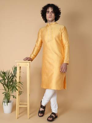 Tabard Yellow embroidered jacquard kurta 1