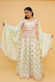 Fusionic green chiffon embroidered lehenga-choli with blouse