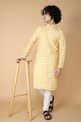 Tabard Yellow printed cotton kurta-pajama