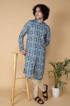 Tabard Blue printed cotton kurta-pajama