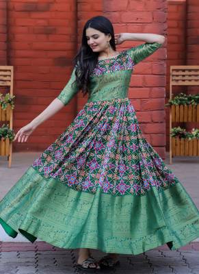 Green Jacquard  Silk With Beautiful Patola Print & Peacock Weaving Work Gown 1