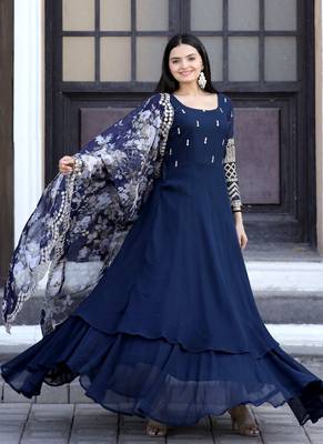 Rama Faux Blooming With Sequins-Multi & Zari Embroidered Gown With Dupatta 3