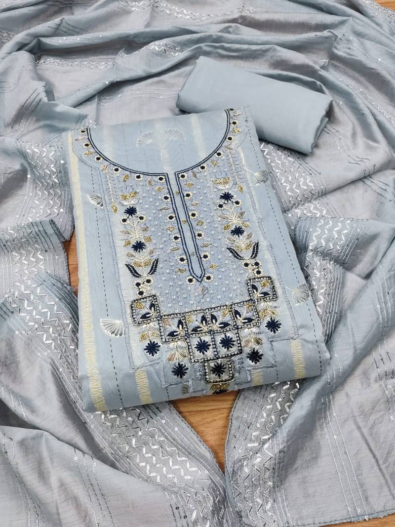 Grey hand embroidery chanderi silk salwar