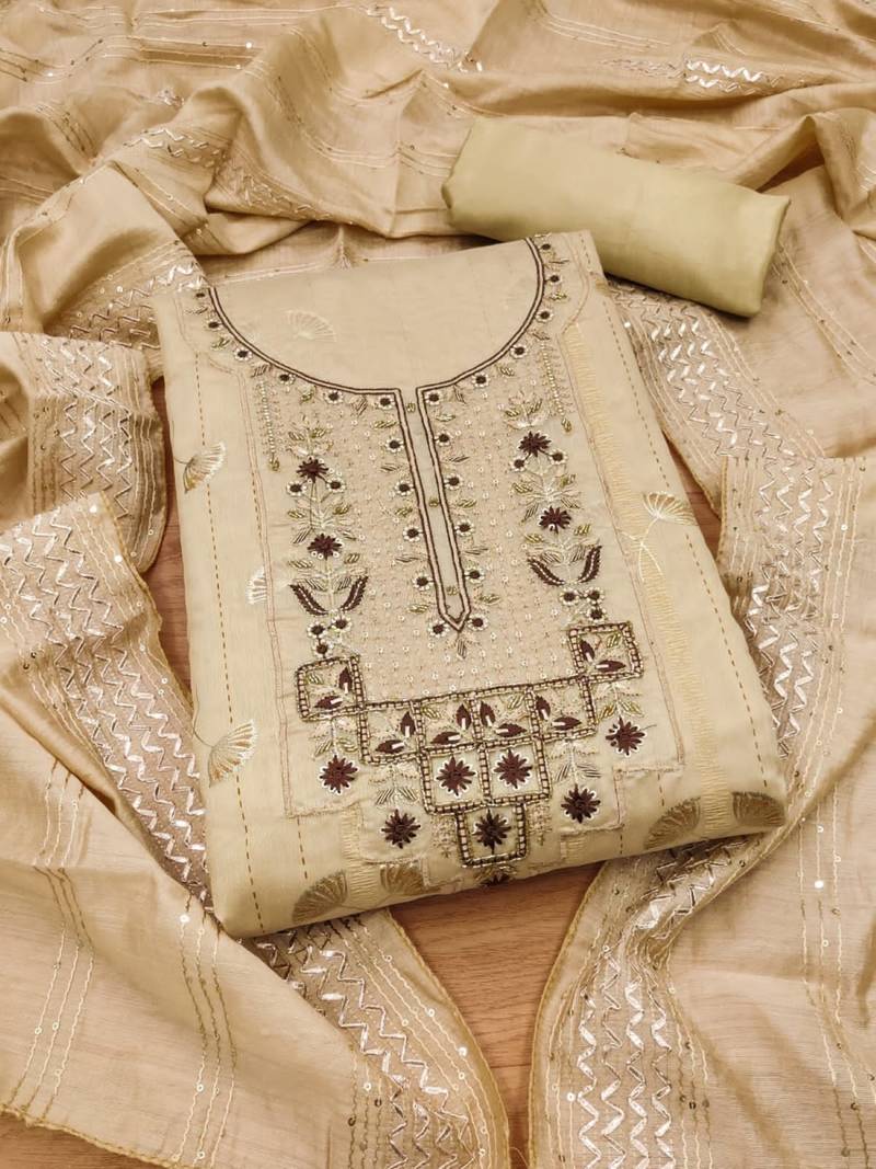 Beige hand embroidery chanderi silk salwar