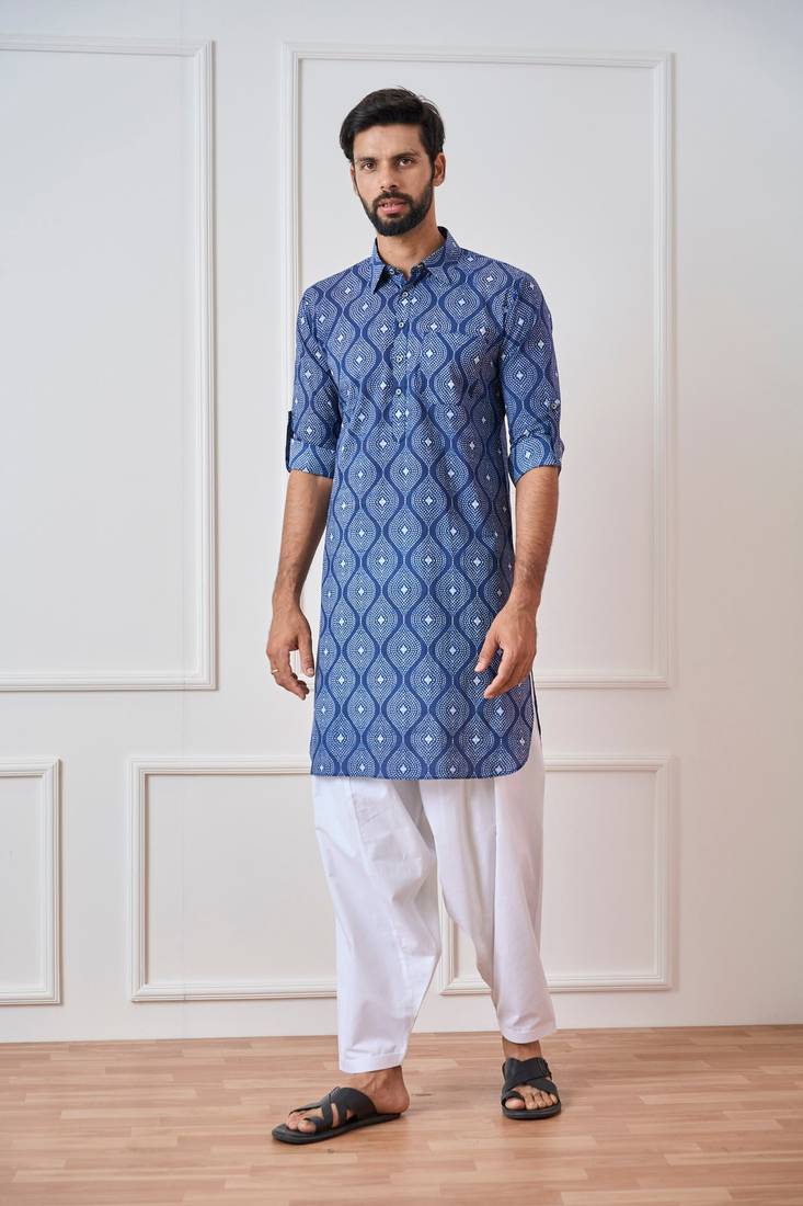 Men Indigo Regular Pure Cotton Pathani Kurta